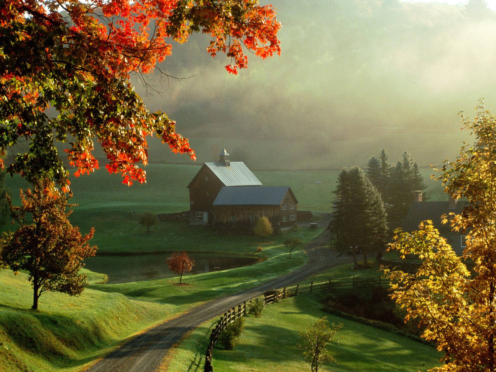 rustic wooden barn, misty autumn valley, fiery red foliage, HD Desktop Wallpaper