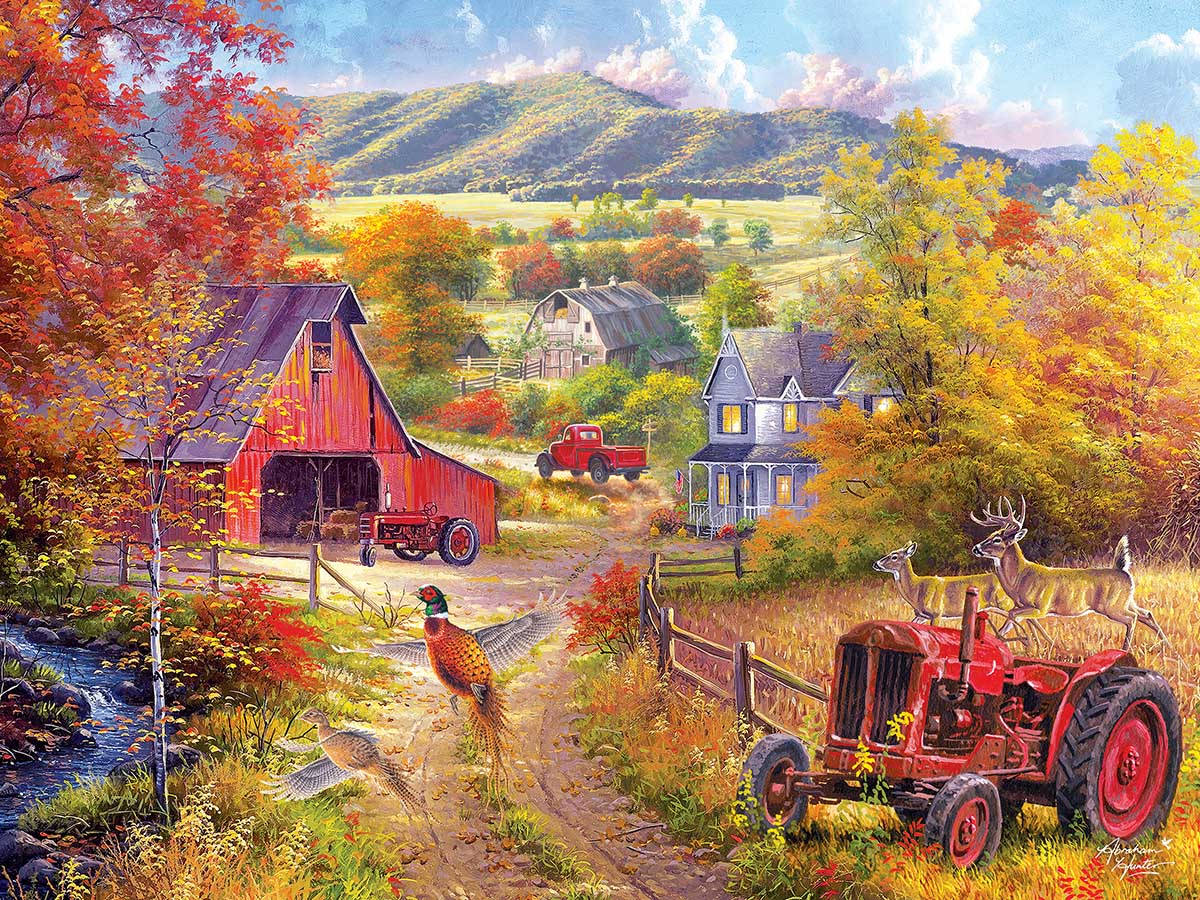autumn farm scene, red tractors, deer, SD Desktop Wallpaper