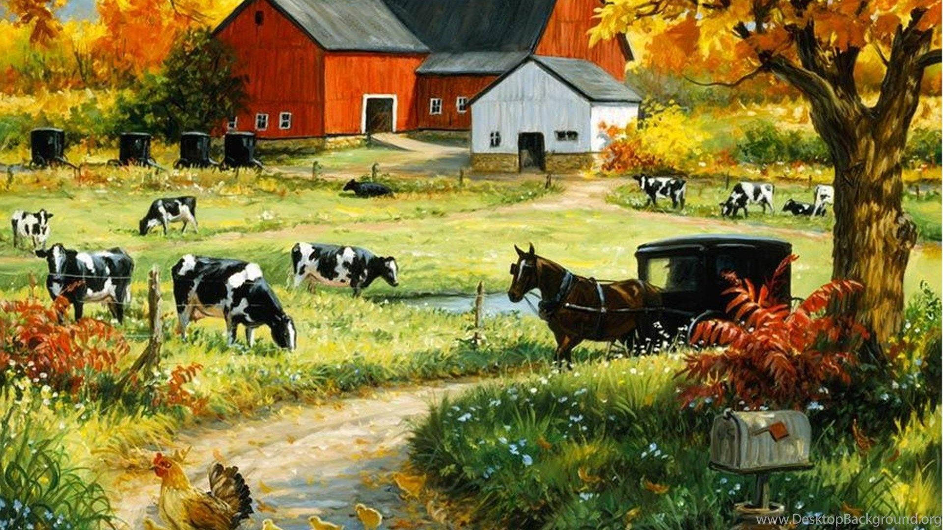 Farm Desktop, green meadows, autumn farm scene, Full HD Desktop Wallpaper