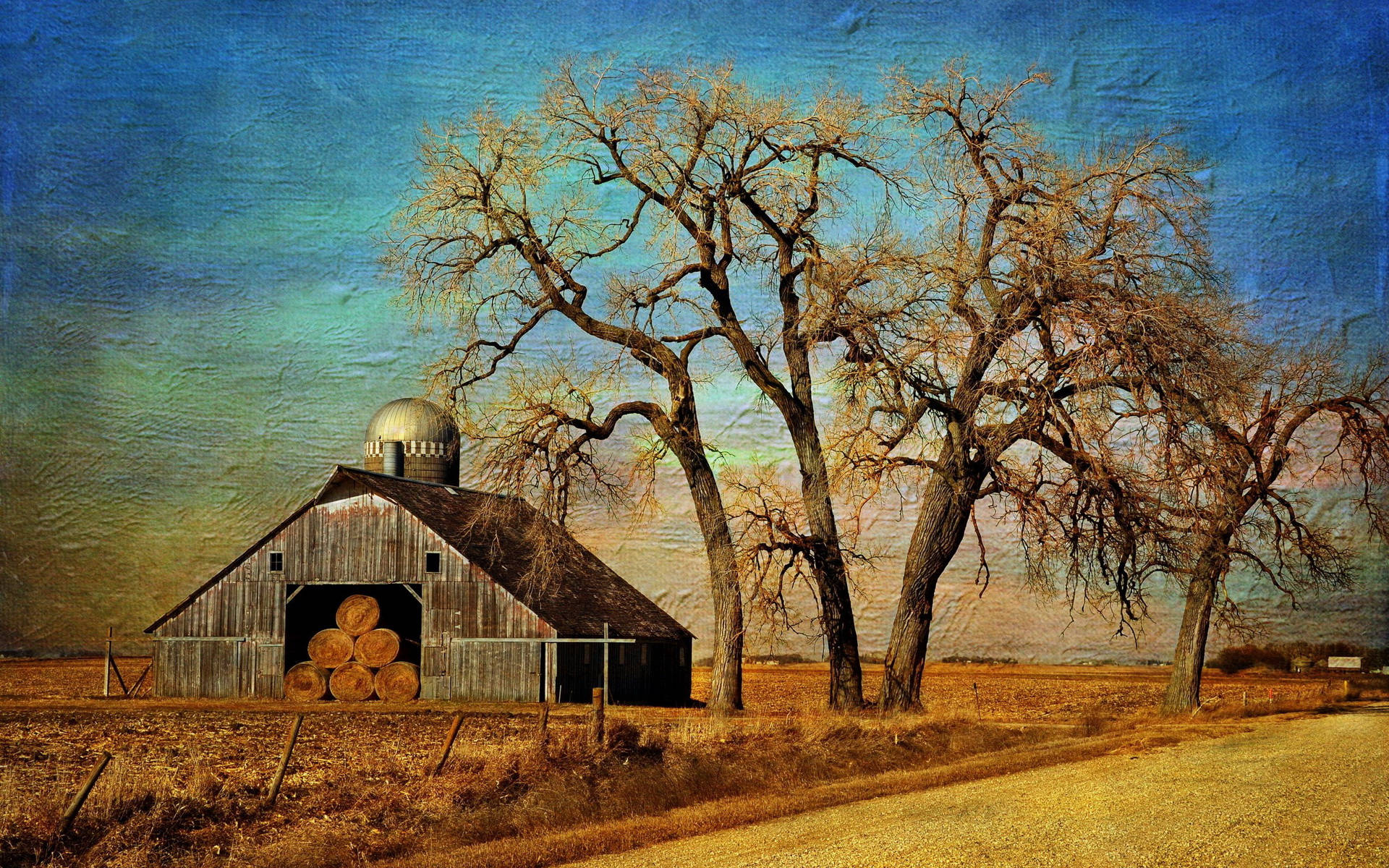 Tree Farm Desktop, rustic wooden barn, hay bales, Full HD Desktop Wallpaper