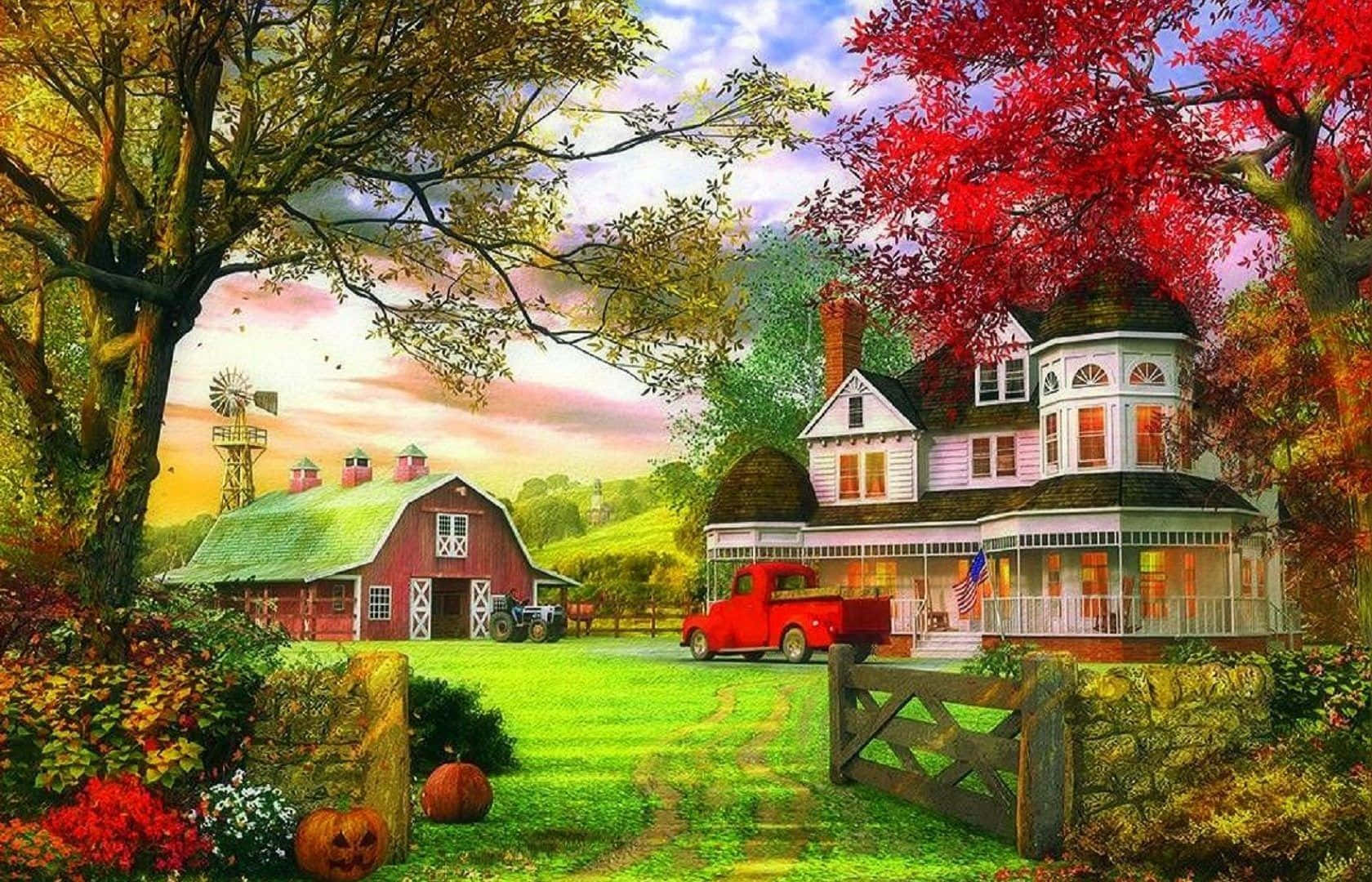 farmhouse, red barn windmill, white house, HD Desktop Wallpaper