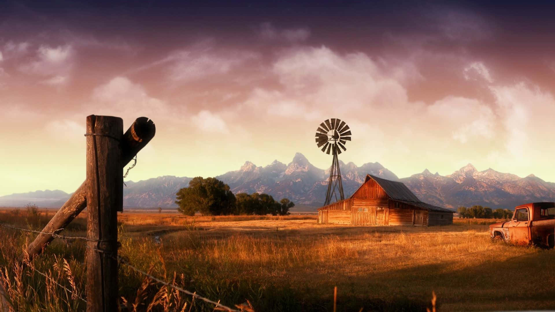 farmhouse desk, golden sunset, rustic farm, Full HD Desktop Wallpaper