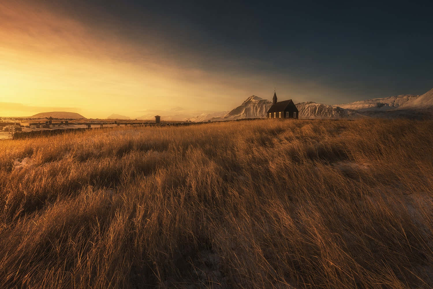 wooden church, golden grassy field, sunset, HD Desktop Wallpaper