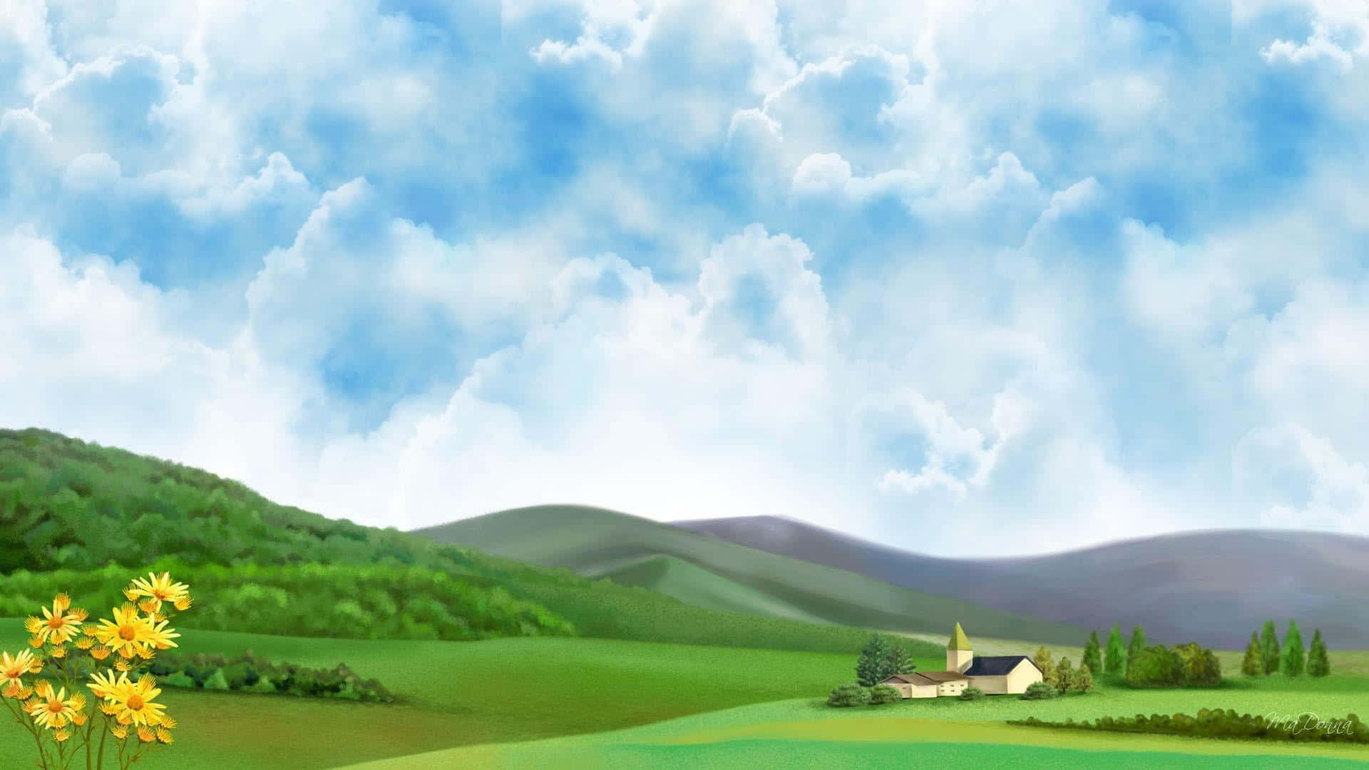 Modern Farmhouse Desktop, pastoral scene, rolling green hills, Full HD Desktop Wallpaper
