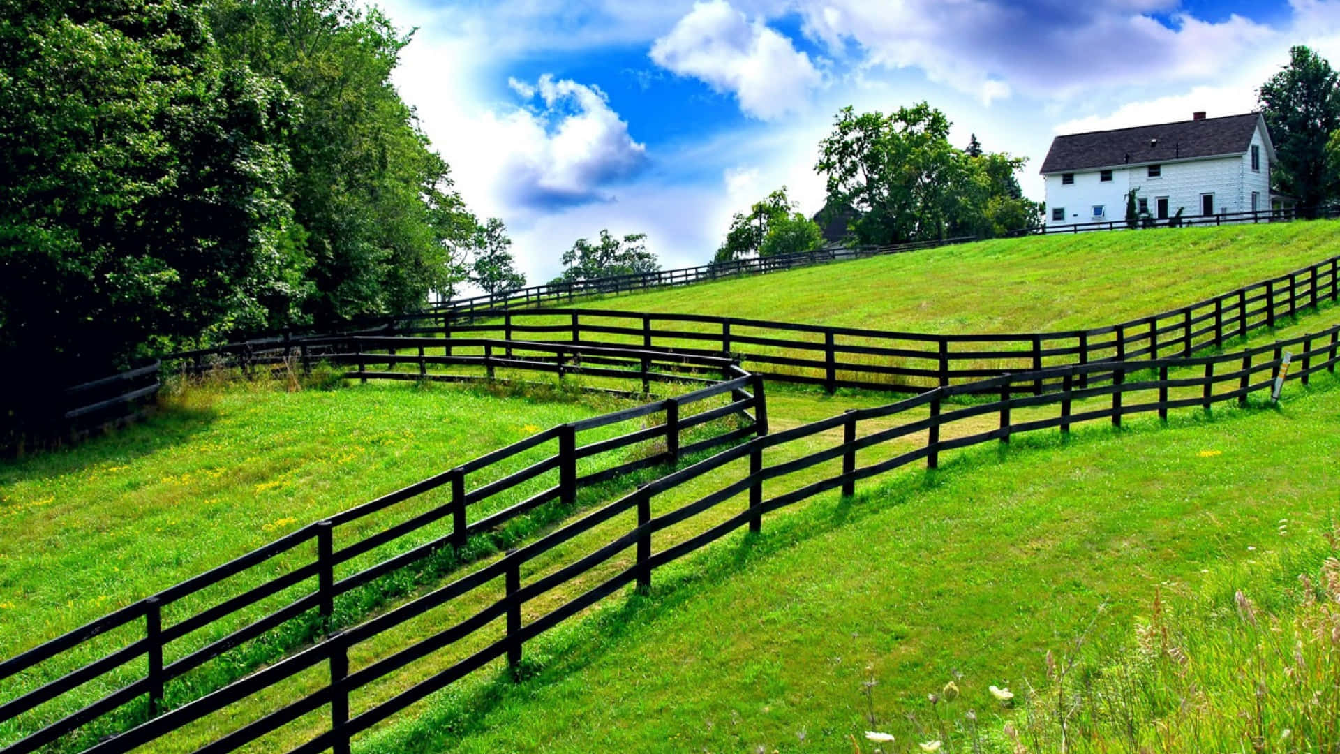 farmhouse, black fence, vibrant green hills, Full HD Desktop Wallpaper