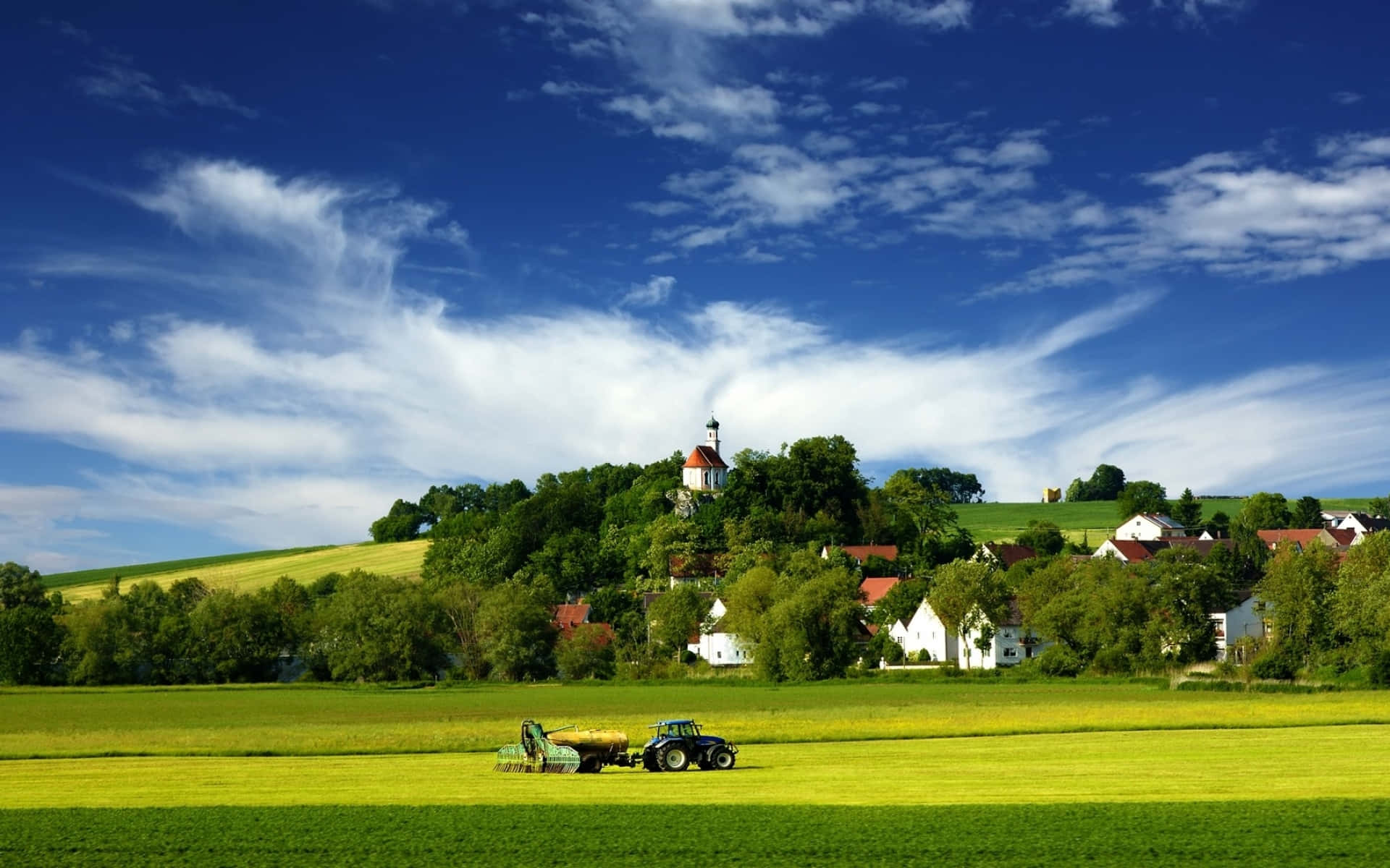 farmhouse desktop, tractor, vibrant green field, Full HD Desktop Wallpaper