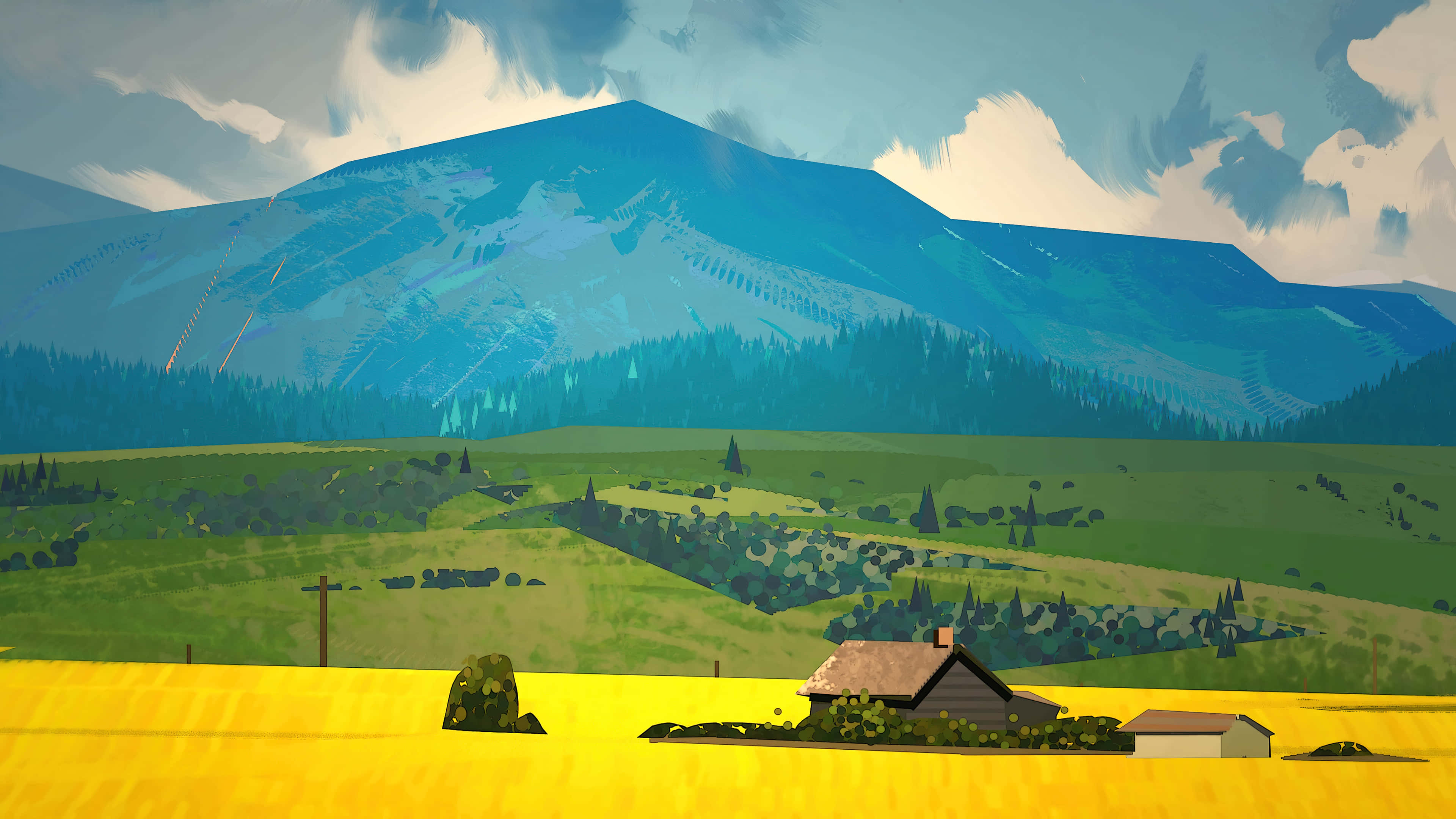 farmhouse, wooden house, vibrant yellow field, 4K Desktop Wallpaper