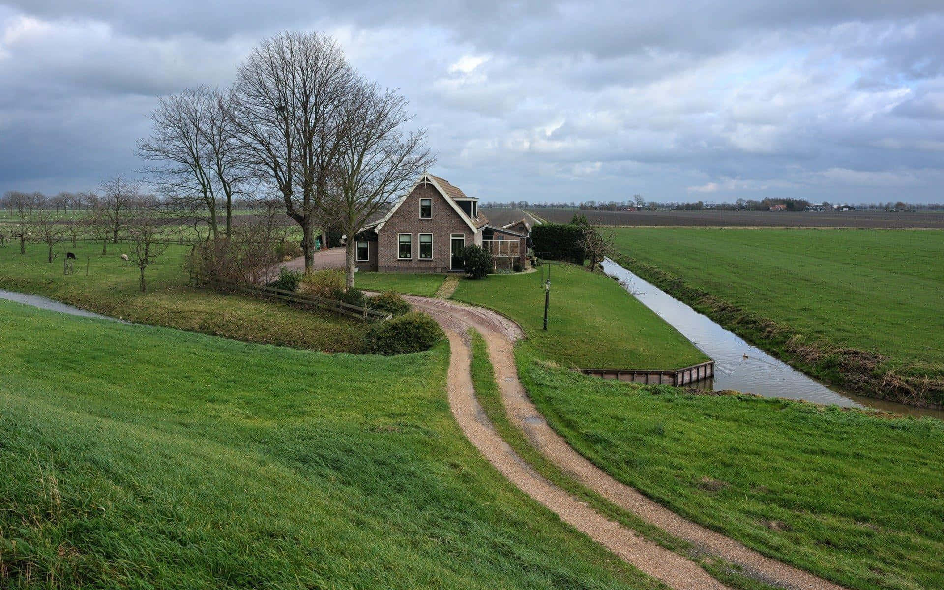 rustic brick house, canal, green field, Full HD Desktop Wallpaper