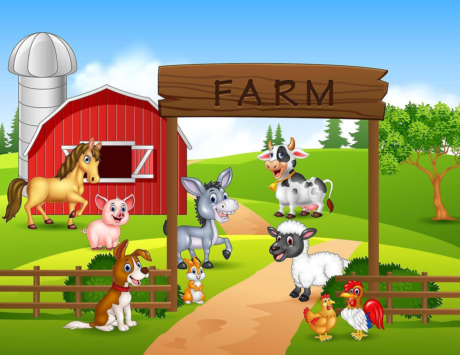 red barn, bright blue sky, smiling animals, HD Desktop Wallpaper