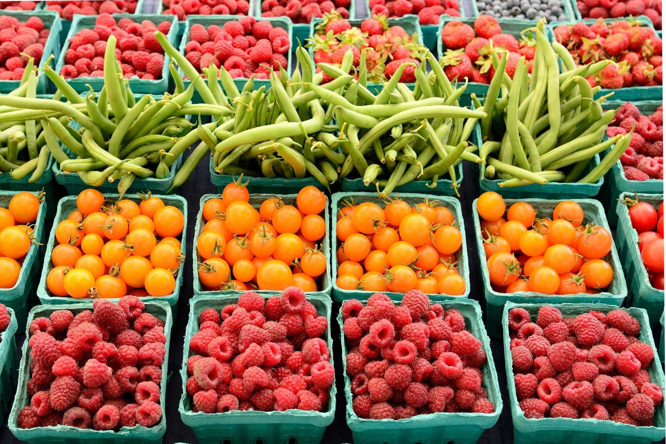 Farmers Market, green beans, orange cherry tomatoes, Full HD Desktop Wallpaper
