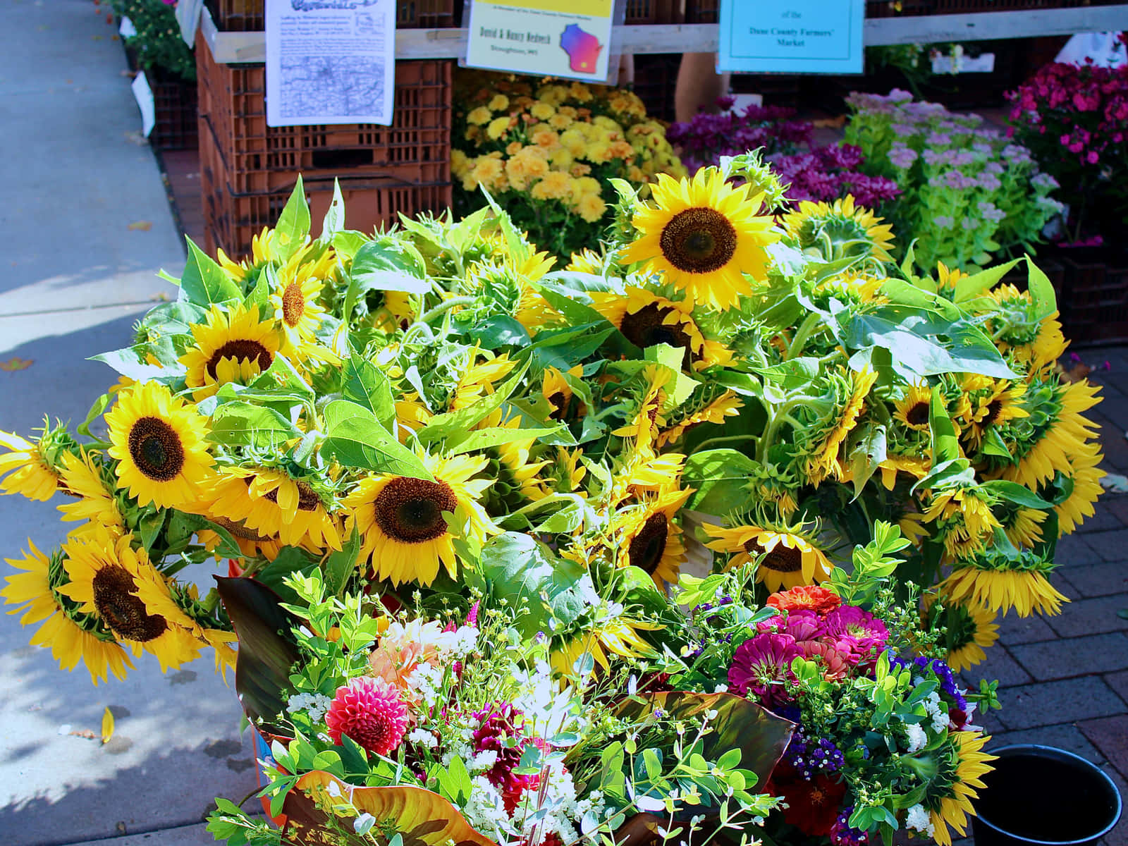 Farmers Market, sunflowers, colorful blooms, HD Desktop Wallpaper