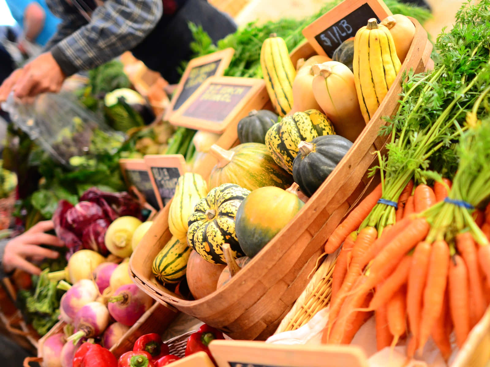 Farmers Market, wooden baskets, carrots, HD Desktop Wallpaper