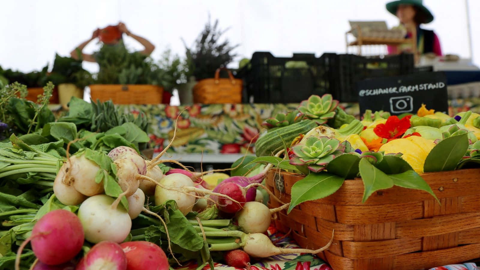 Farmers Market, woven baskets, fresh radishes, HD Desktop Wallpaper