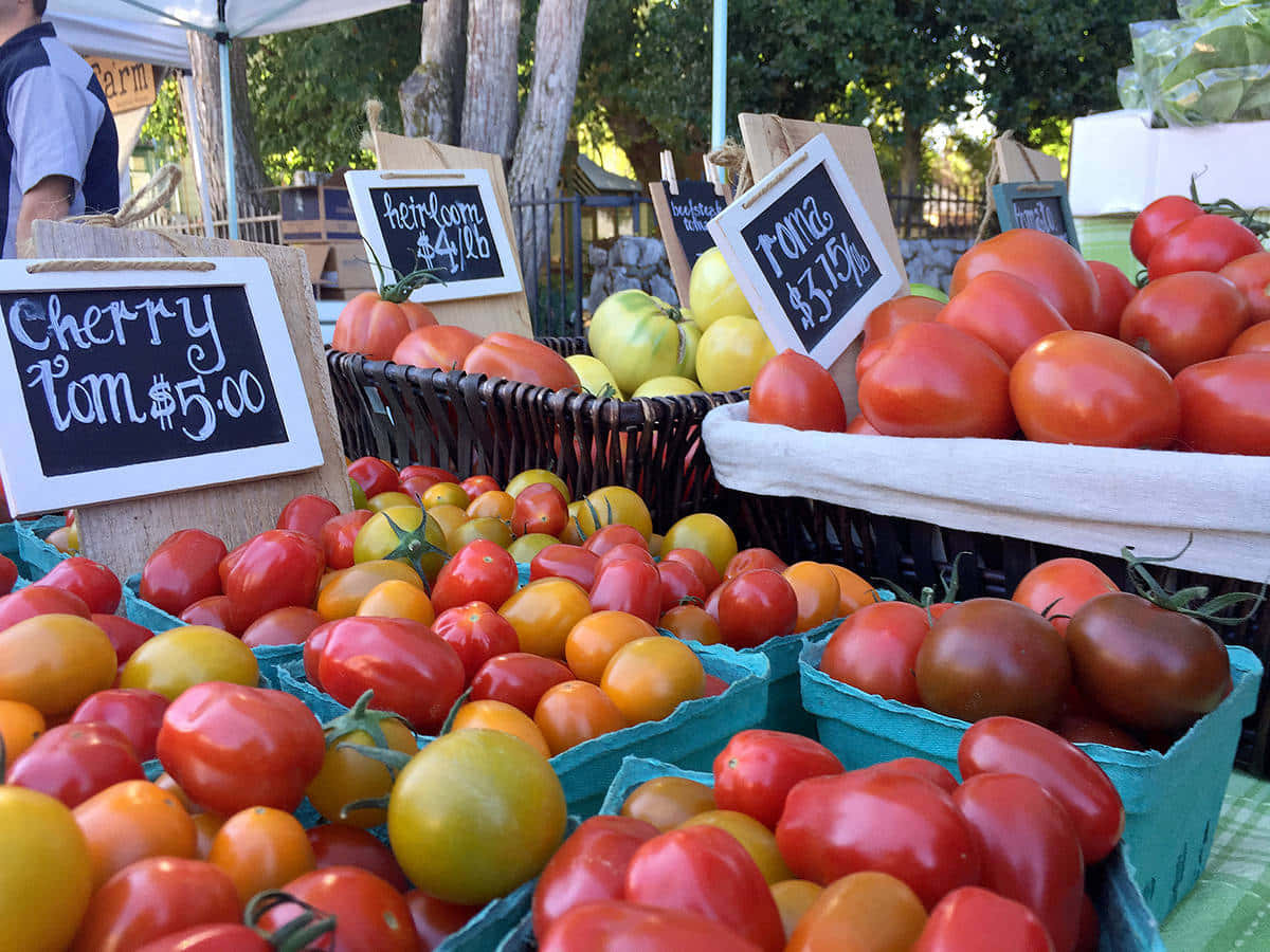 farmers market, heirloom tomatoes, red yellow and orange hues, SD Desktop Wallpaper
