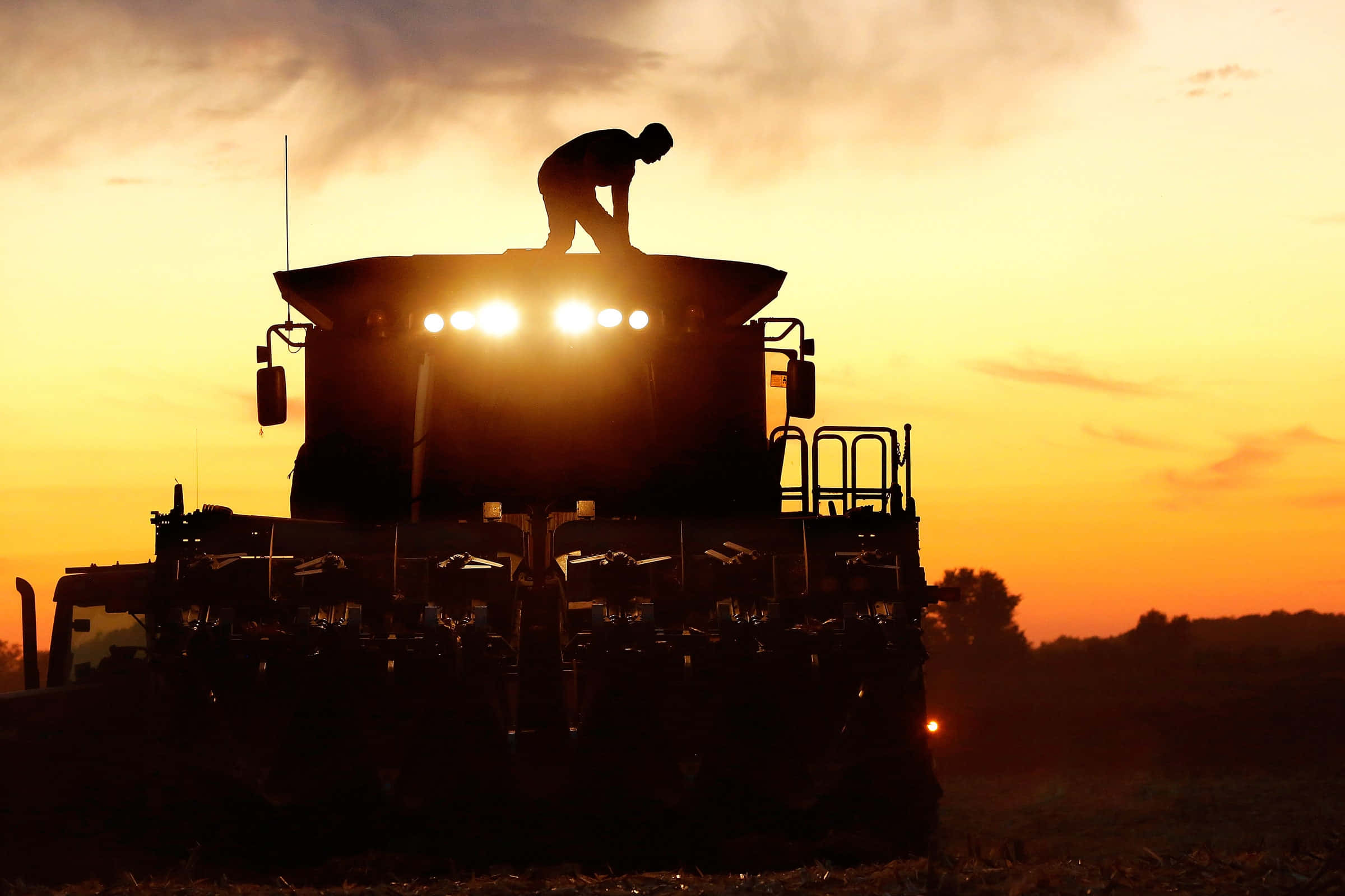 combine harvester, fiery sunset sky, farmer, Full HD Desktop Wallpaper