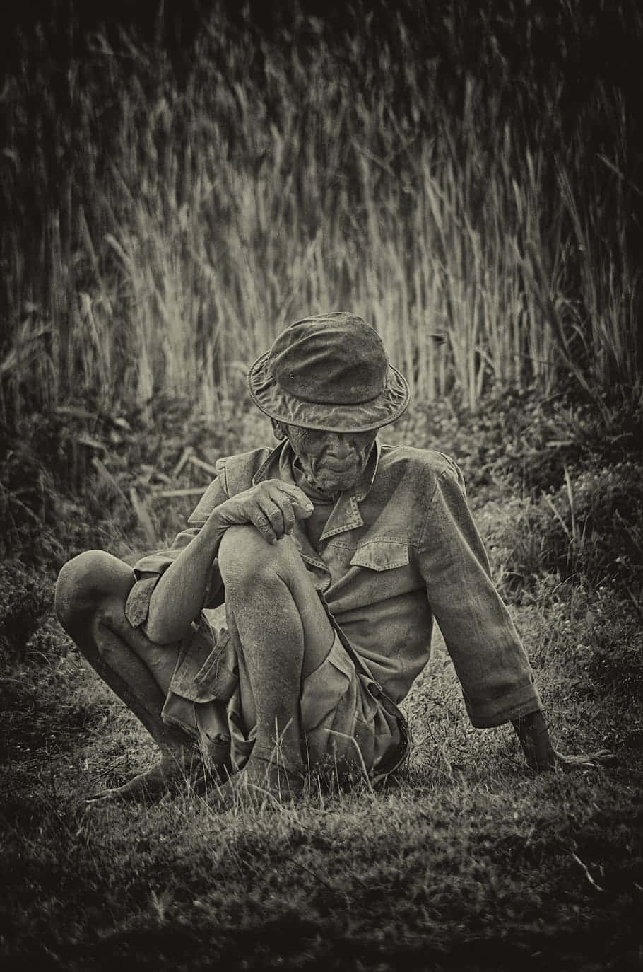 elderly man, worn hat, tall grass, HD Phone Wallpaper