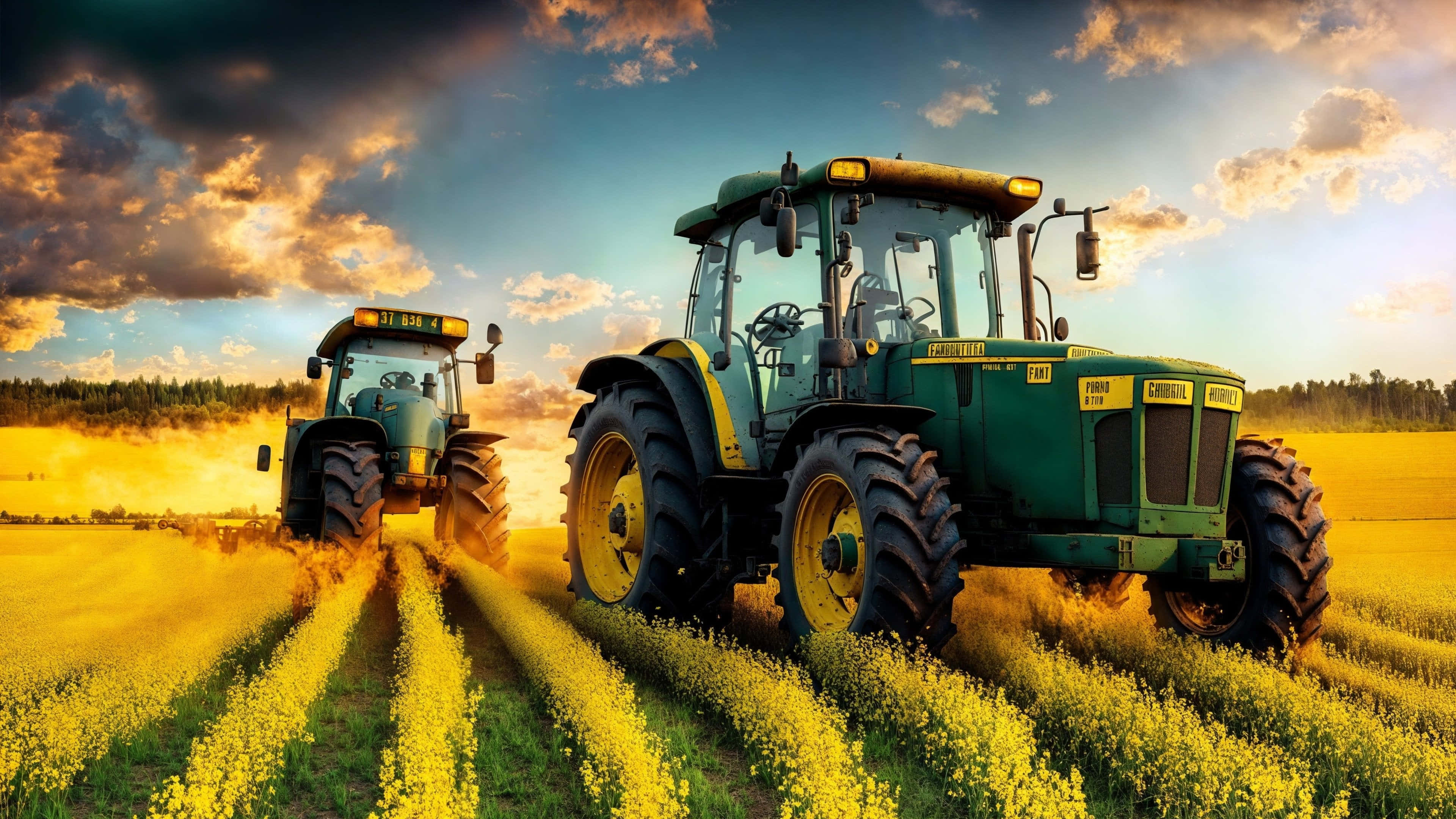 green tractors, golden field of canola, dramatic sunset sky, 4K Desktop Wallpaper