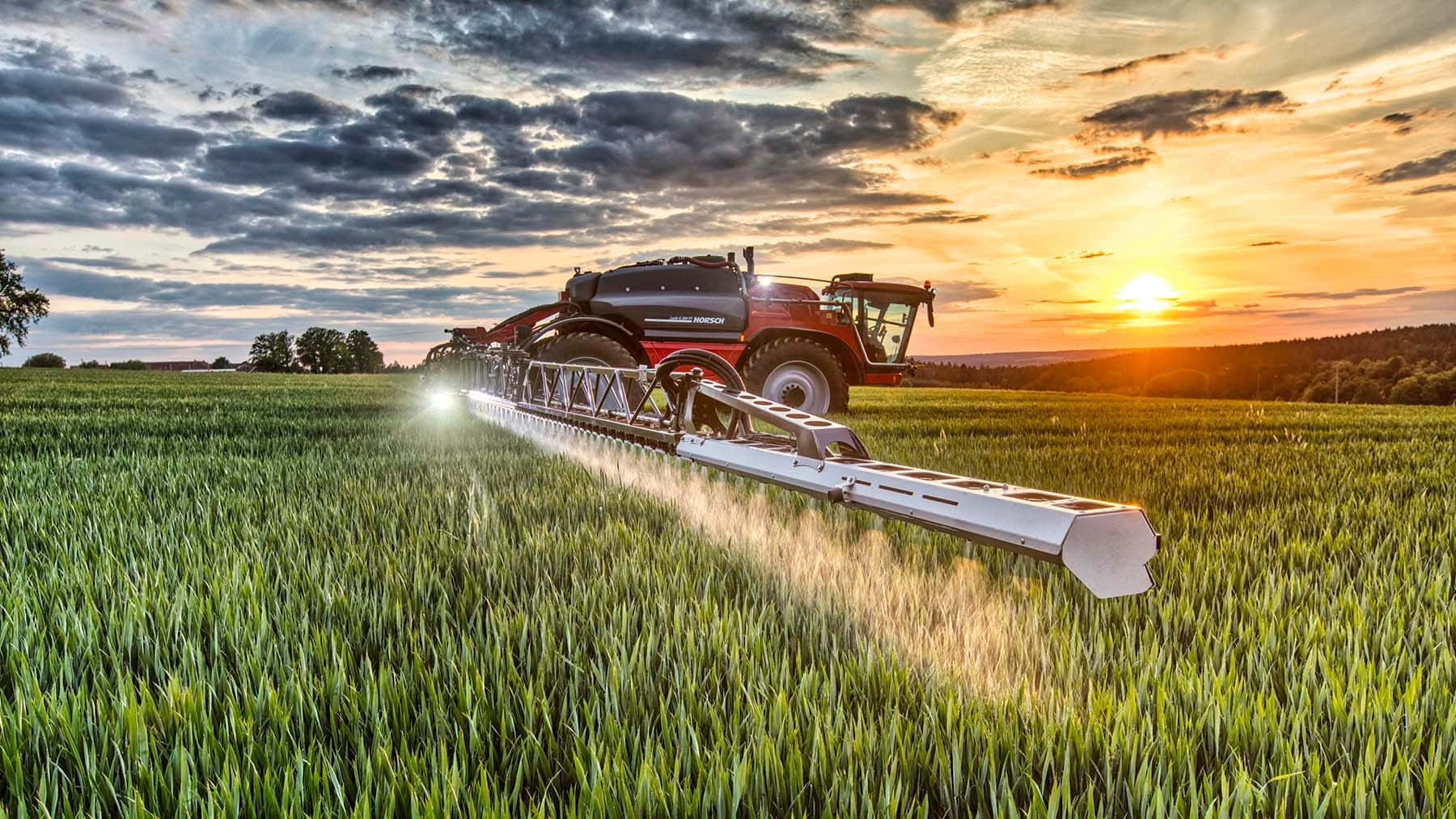 sunset, red tractor, lush green wheat field, HD Desktop Wallpaper