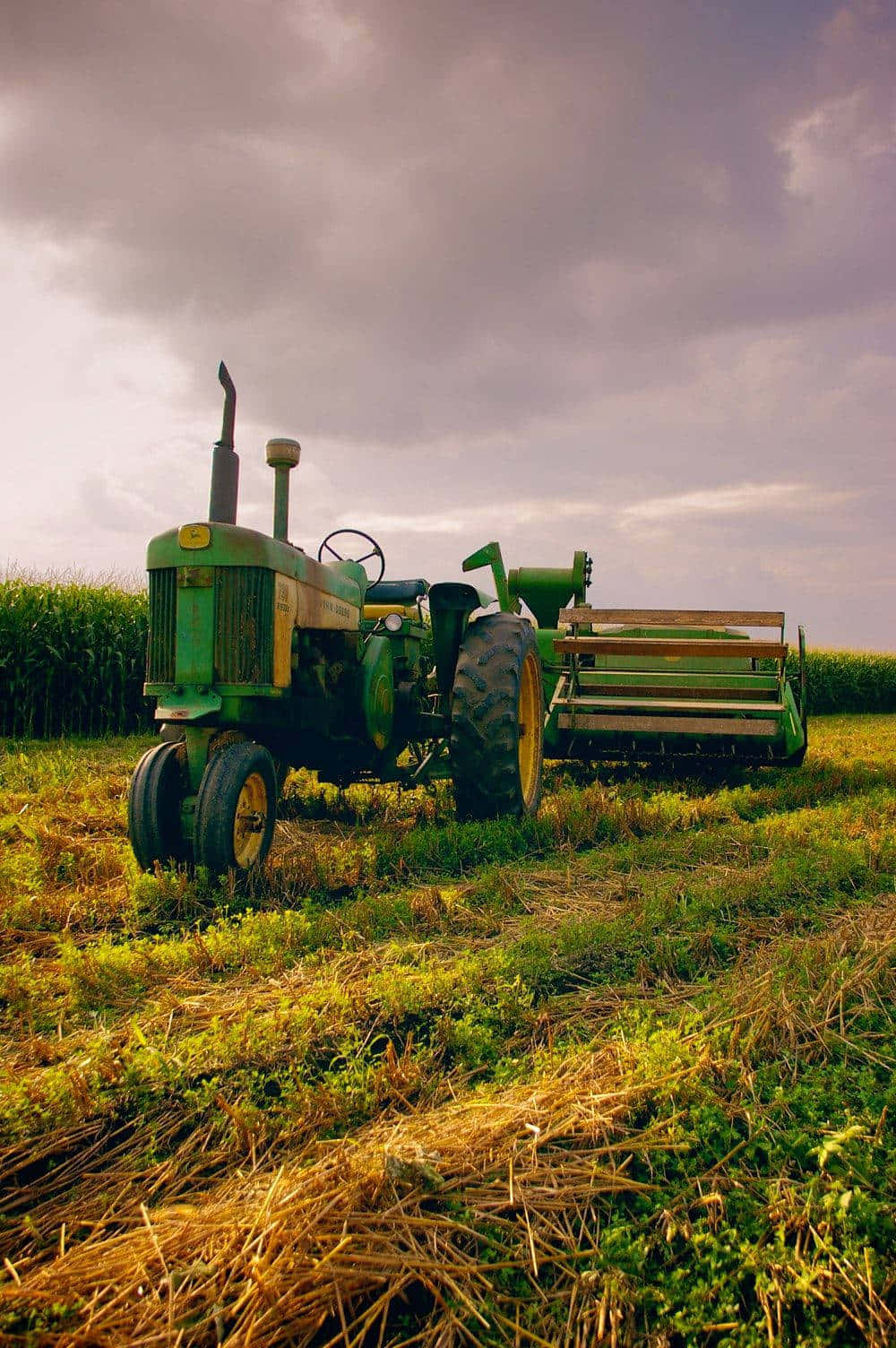 vintage green John Deere tractor, yellow wheels, hay rake, HD Phone Wallpaper