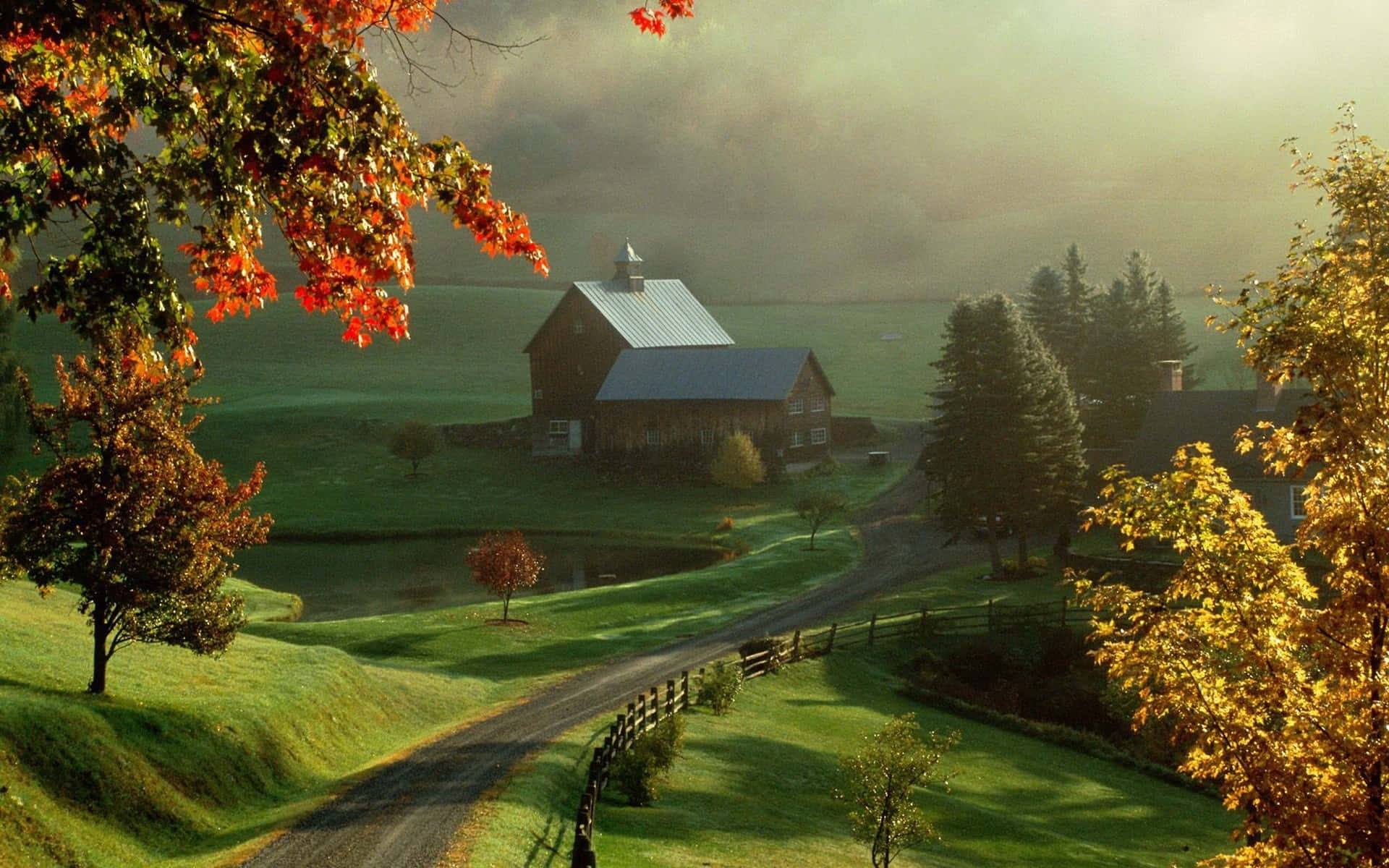 rustic wooden barn, misty autumn valley, vibrant red and gold foliage, Full HD Desktop Wallpaper