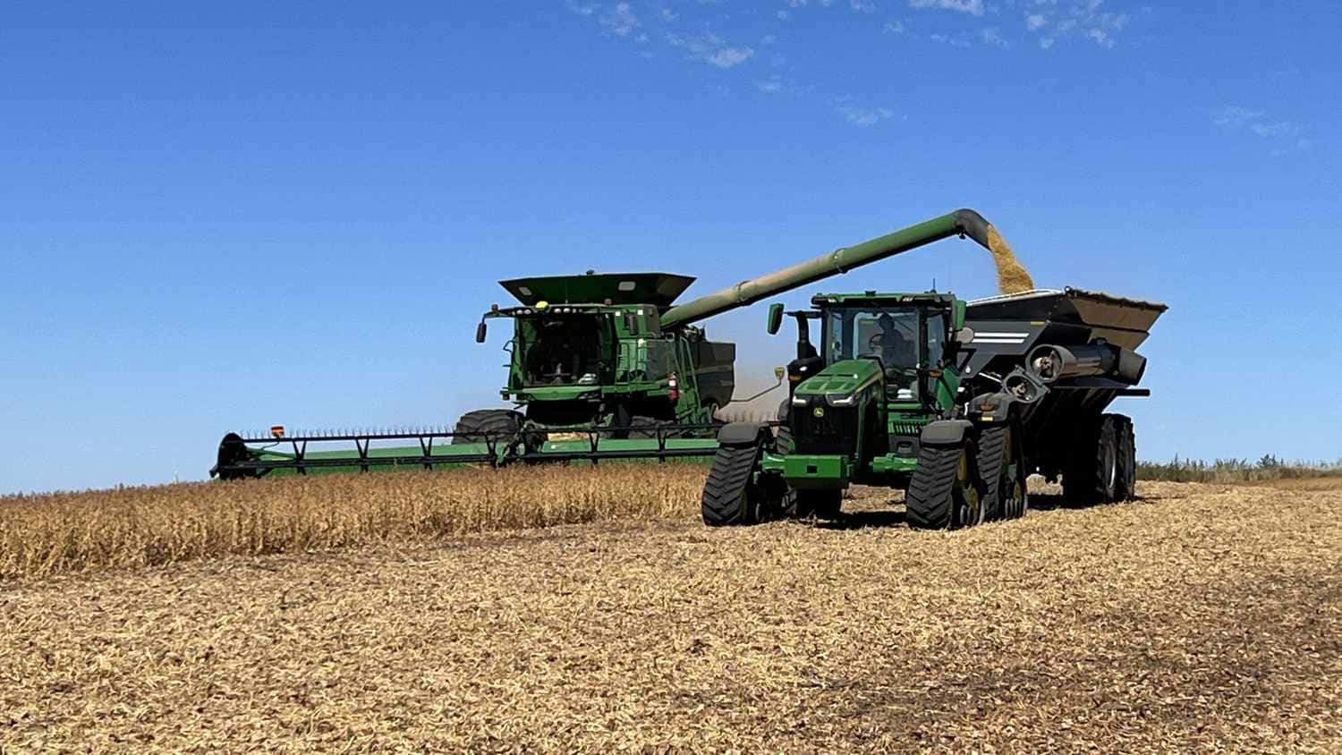 green combine harvester, golden grain, matching grain cart, HD Desktop Wallpaper