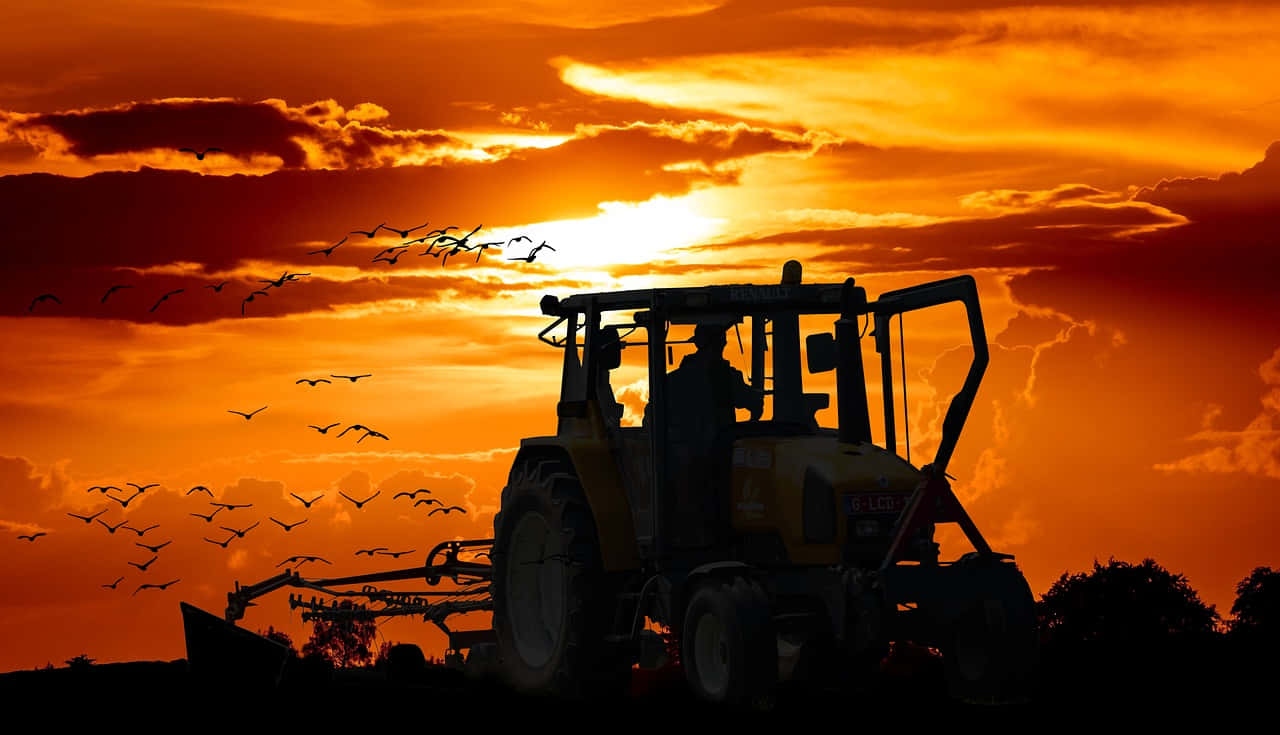 sunset, tractor silhouette, fiery orange sunset sky, HD Desktop Wallpaper