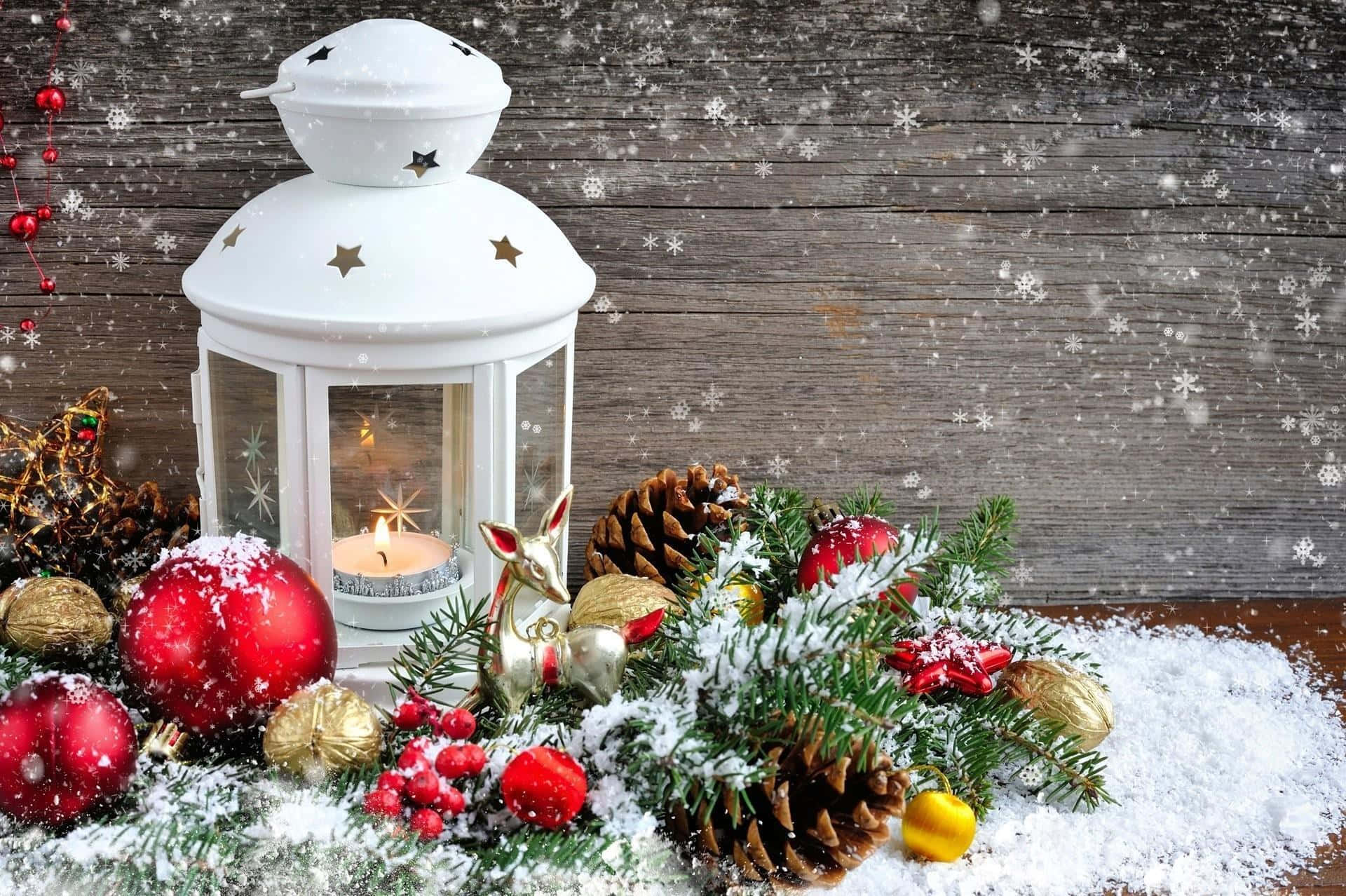 Farmhouse Christmas, white candle cage, snowy winter holiday, Full HD Desktop Wallpaper