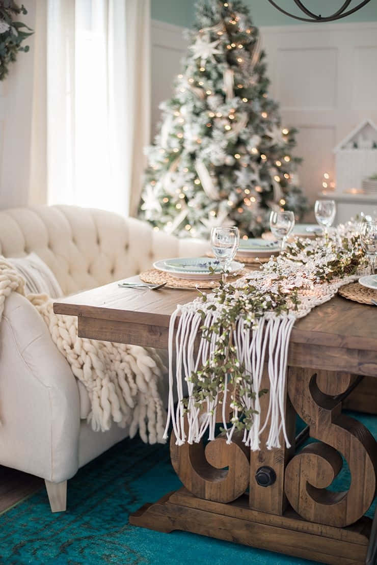 Farmhouse Christmas, cozy dining table, snowy tree, SD Phone Wallpaper