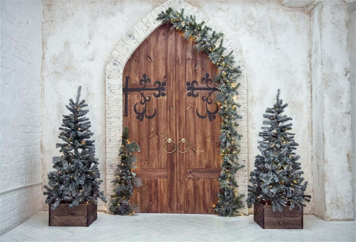 wooden door, stone arch, flocked evergreen trees, SD Desktop Wallpaper