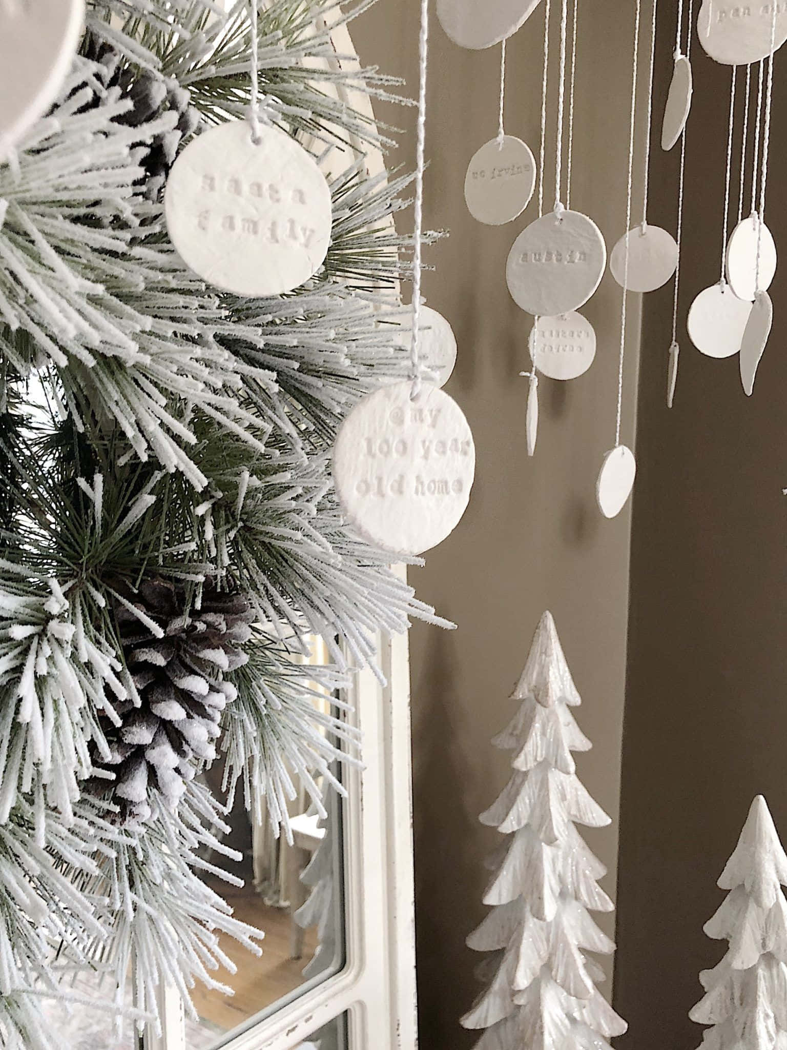 Farmhouse Christmas, white decorations, frosted pine branches, Full HD Phone Wallpaper