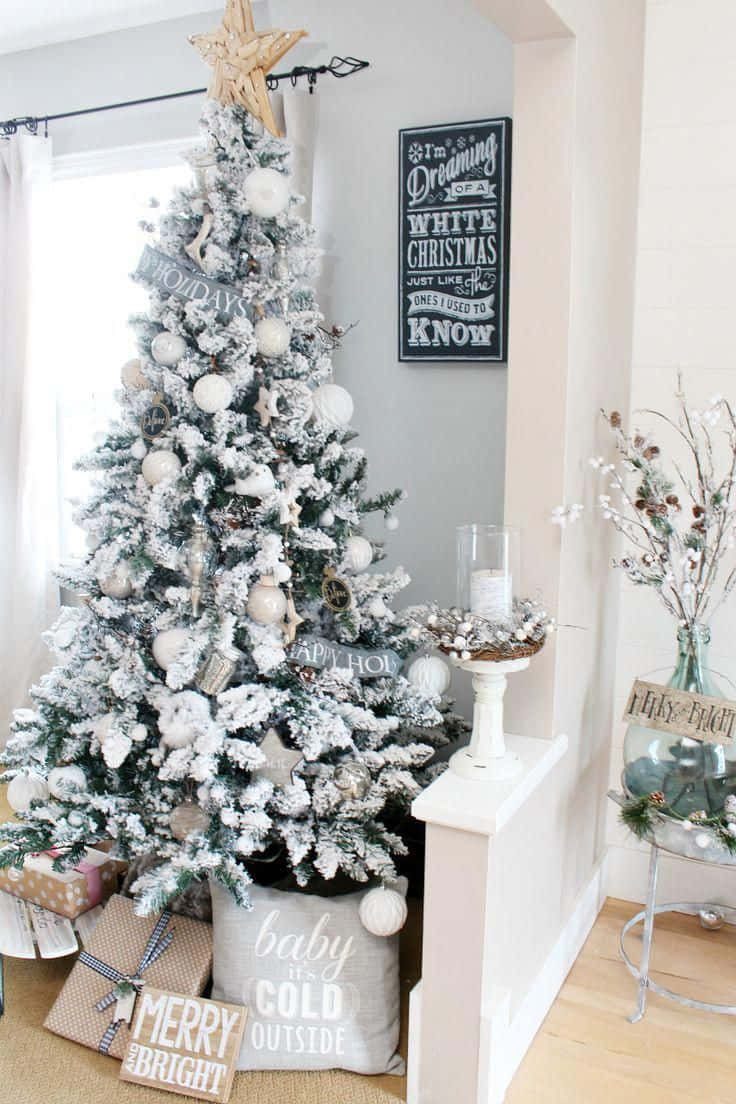 Farmhouse Christmas, white aesthetic, flocked Christmas tree, SD Phone Wallpaper