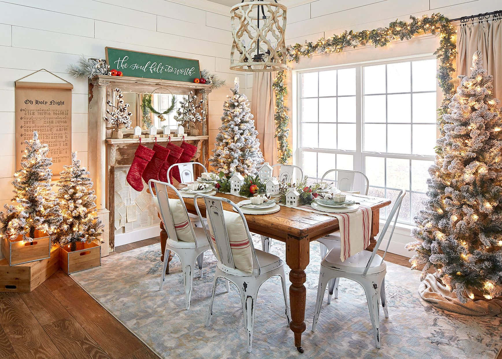 farmhouse christmas, cozy rustic dining room, flocked trees, HD Desktop Wallpaper