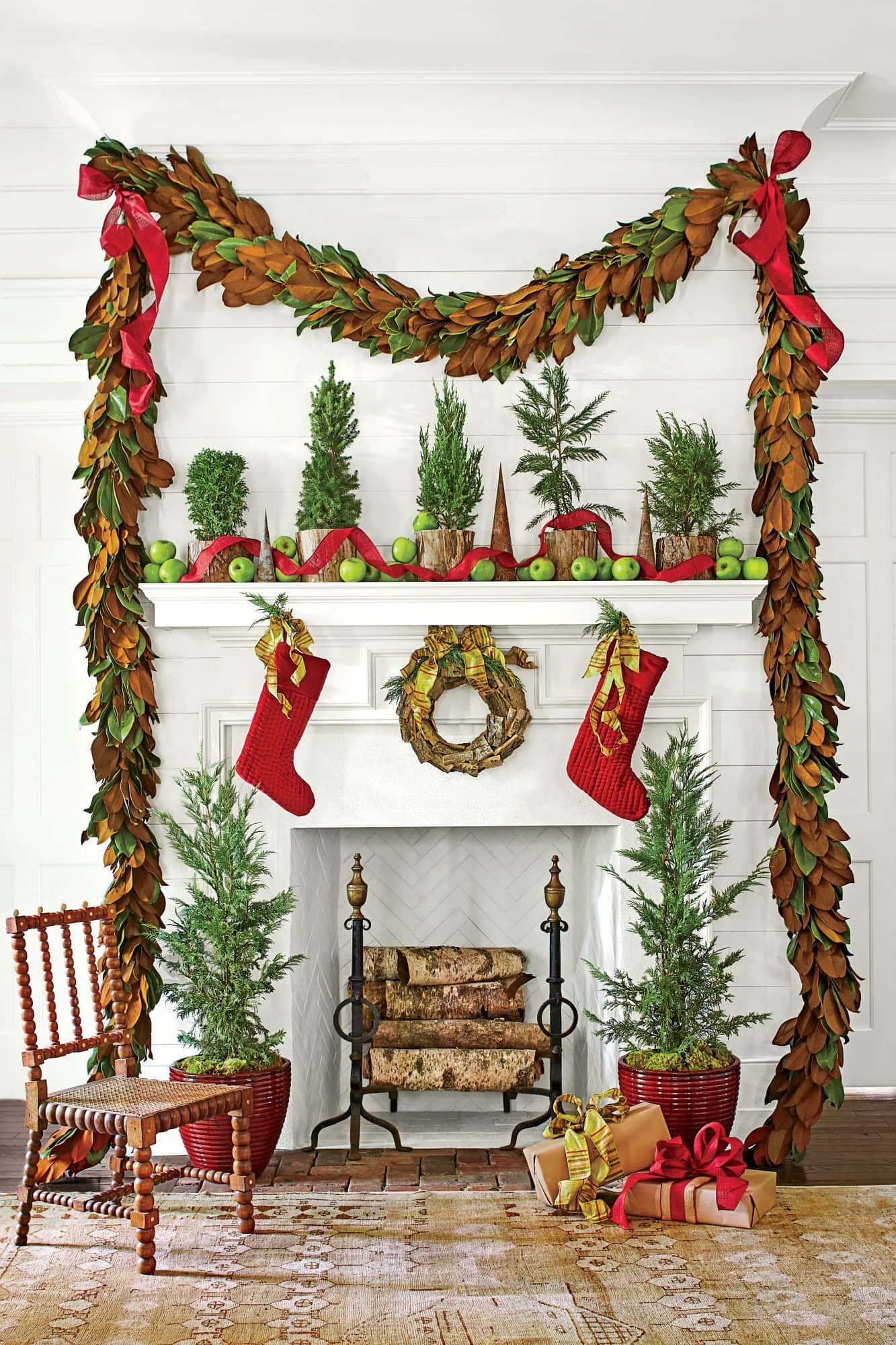Farmhouse Christmas, fireplace, leafy garland, Full HD Phone Wallpaper