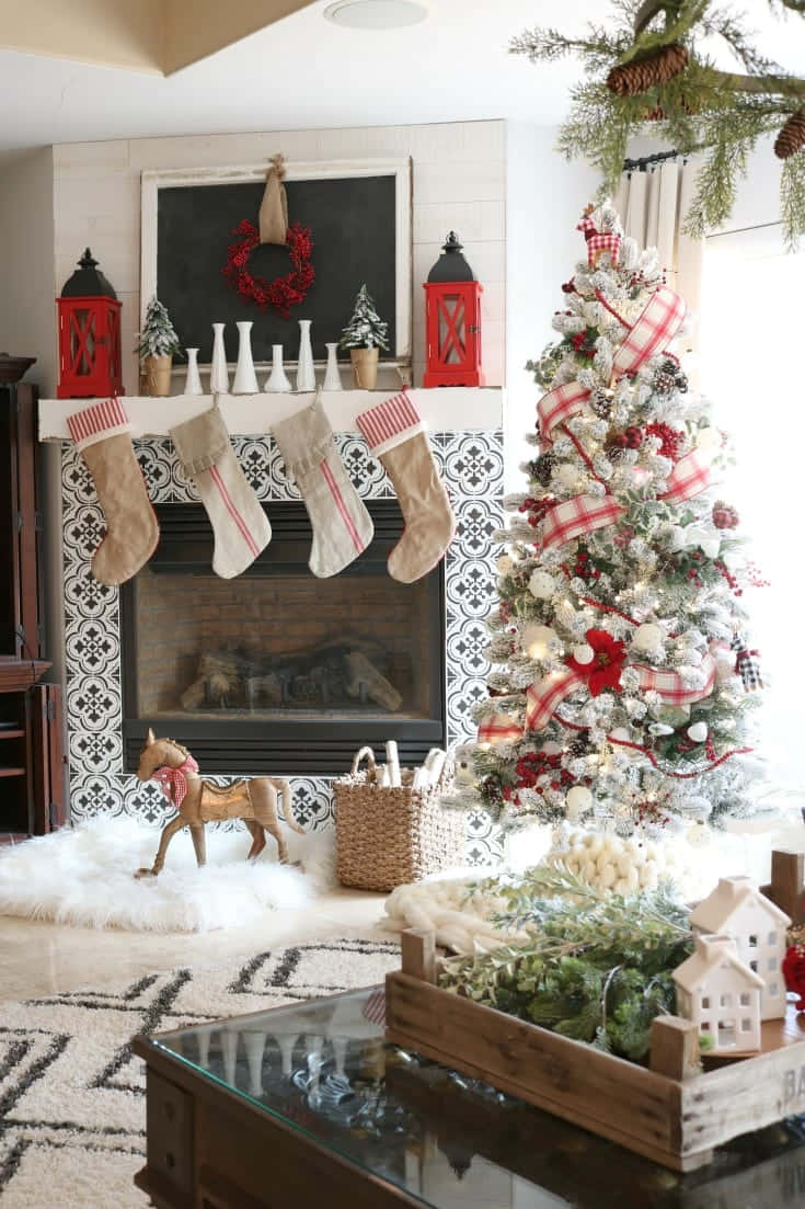 Farmhouse Christmas, flocked tree, red plaid ribbons, SD Phone Wallpaper
