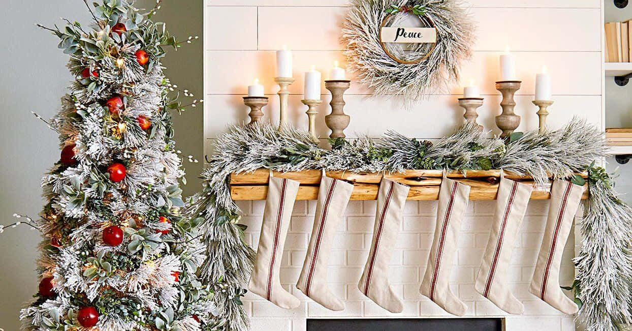 Farmhouse Christmas, winter fireplace mantel, frosted greenery candles, SD Desktop Wallpaper
