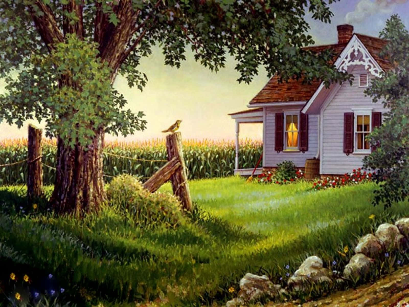 white farmhouse, red shutters, lush green field, HD Desktop Wallpaper