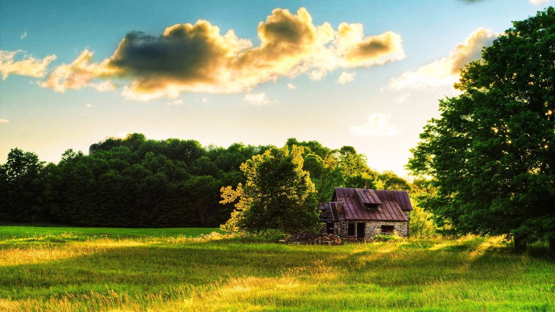 old abandoned farmhouse, rustic stone cabin, weathered roof, Full HD Desktop Wallpaper