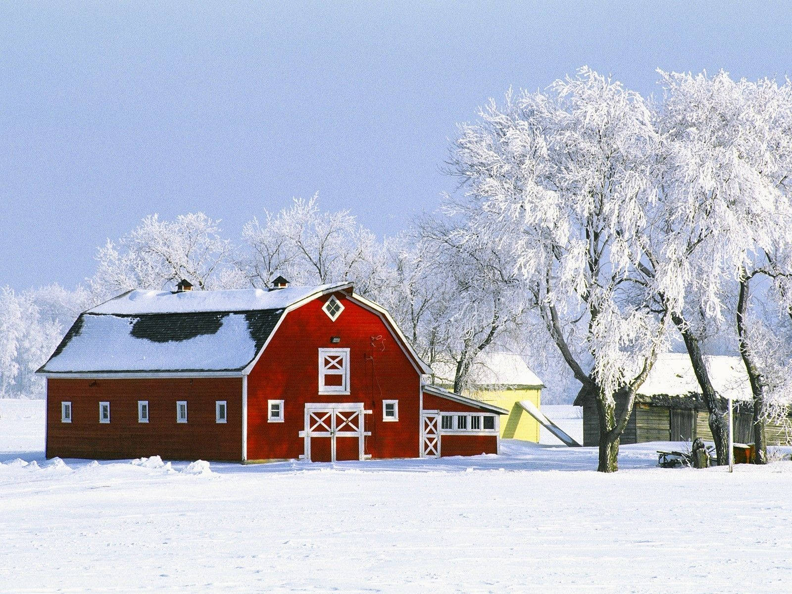 red farmhouse, white trim, snowy field, HD Desktop Wallpaper