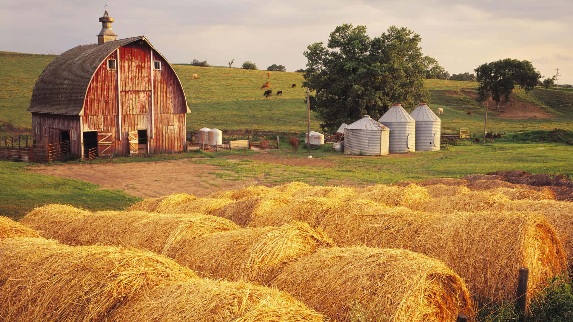 farmhouse, hay bales, red barn, Full HD Desktop Wallpaper