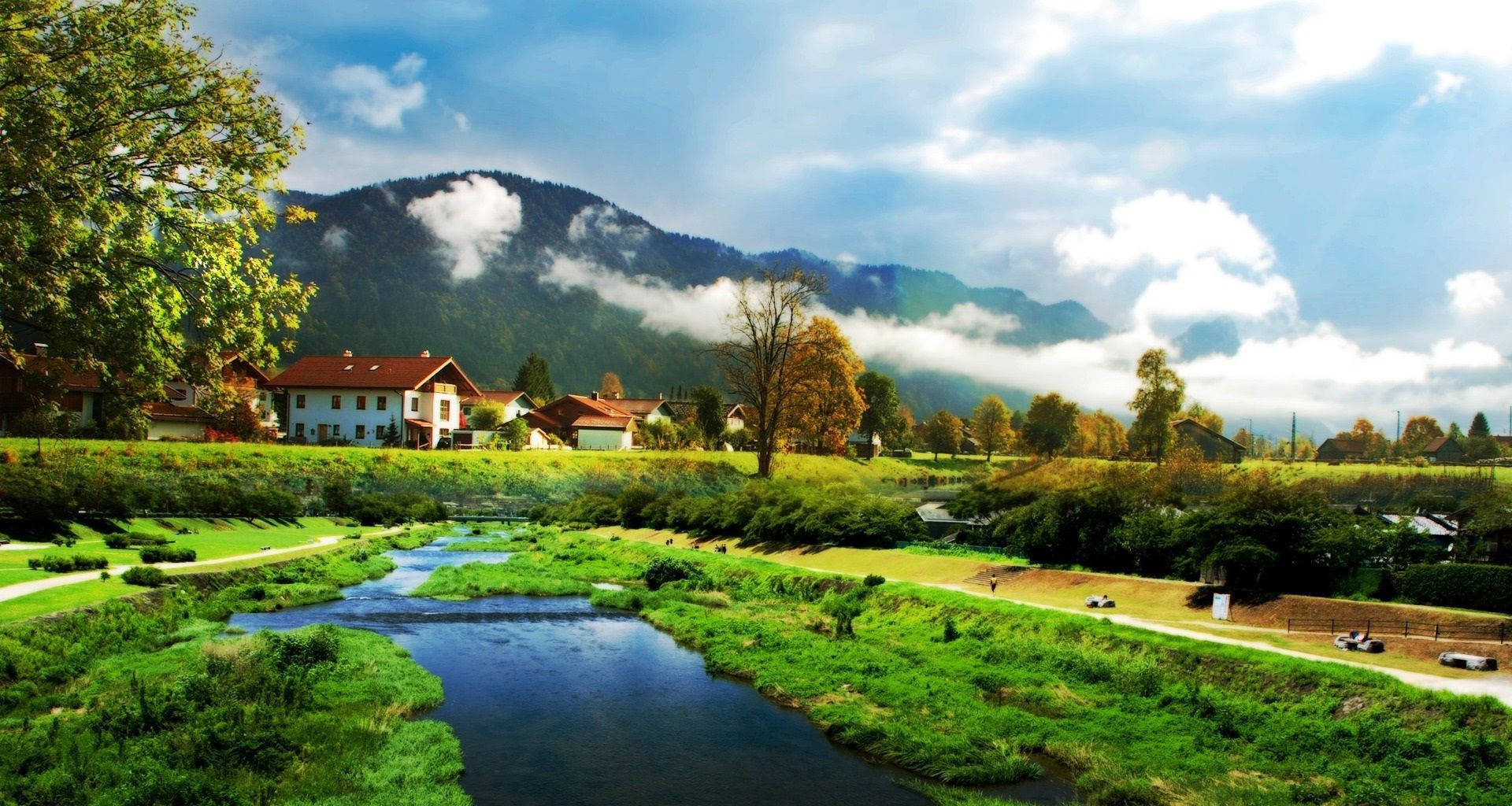 Farmhouse, scenic mountain range, lush green valley, Full HD Desktop Wallpaper