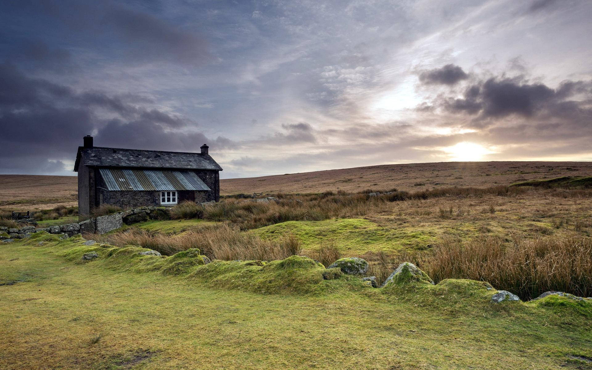 stone cottage, corrugated roof, moorland, Full HD Desktop Wallpaper