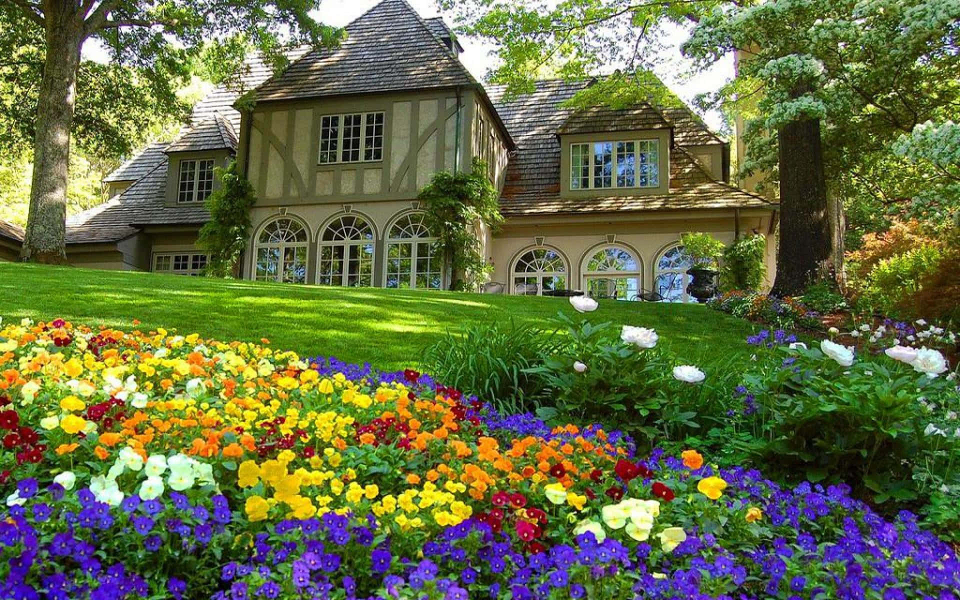 farmhouse, tudor-style house, lush greenery, Full HD Desktop Wallpaper