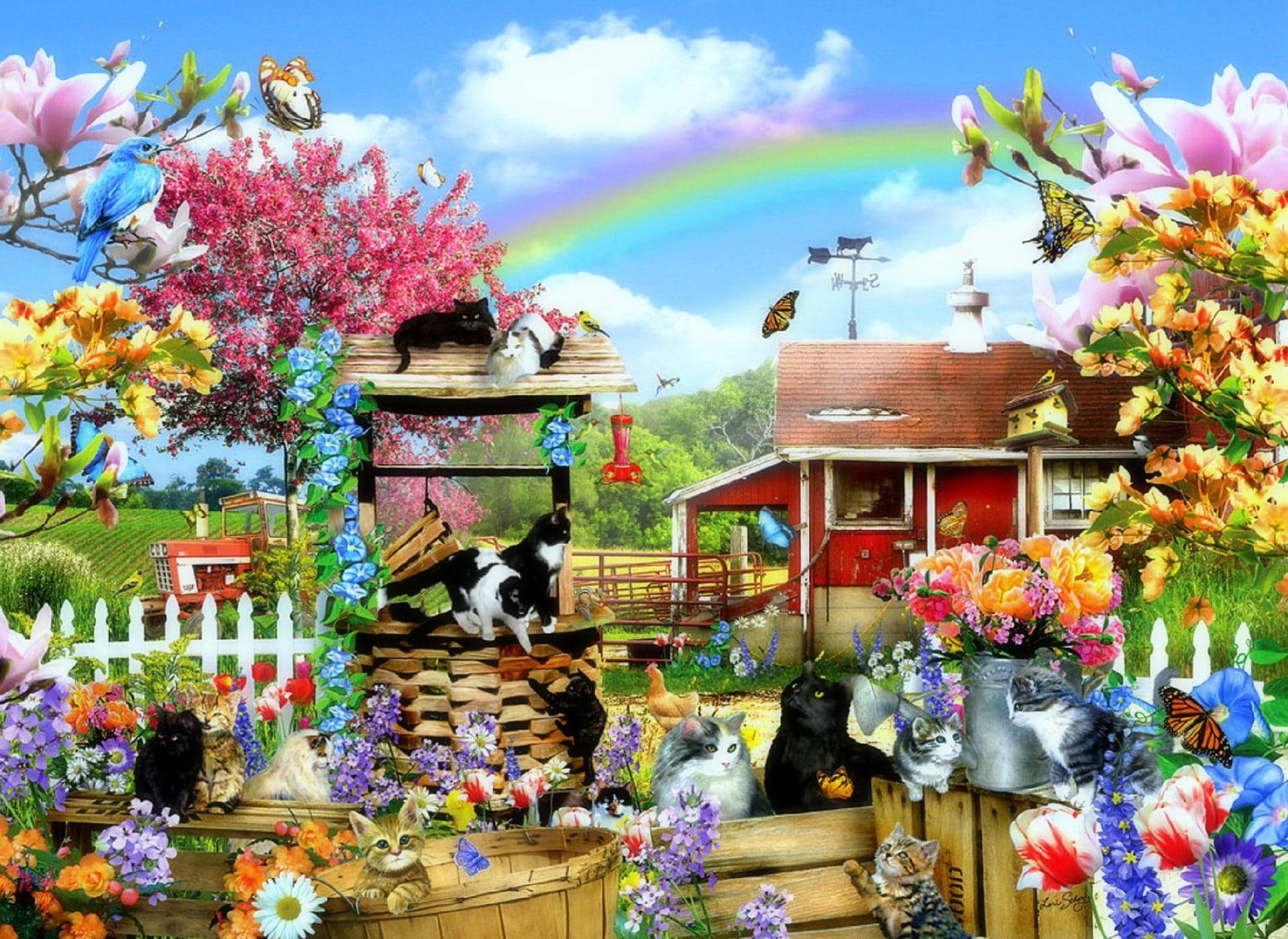 colorful farmhouse, cat animals, rainbow, Full HD Desktop Wallpaper