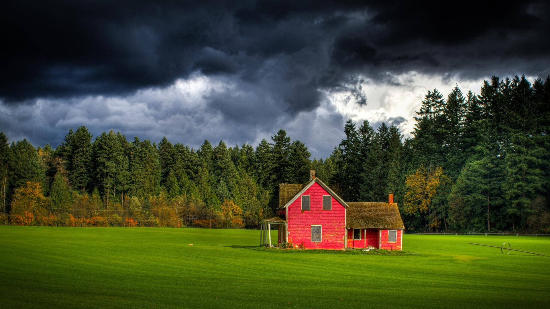 farmhouse, dark clouds, lush green field, Full HD Desktop Wallpaper