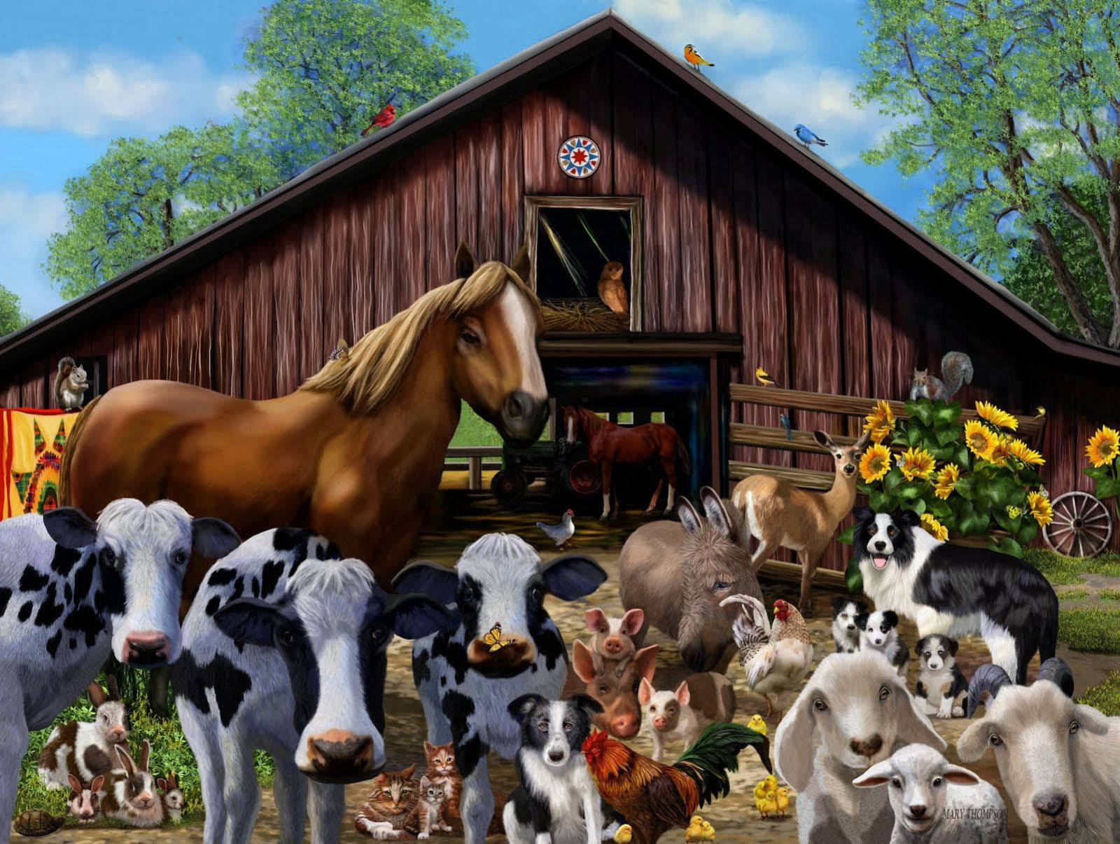 brown horse, cows, goats, HD Desktop Wallpaper