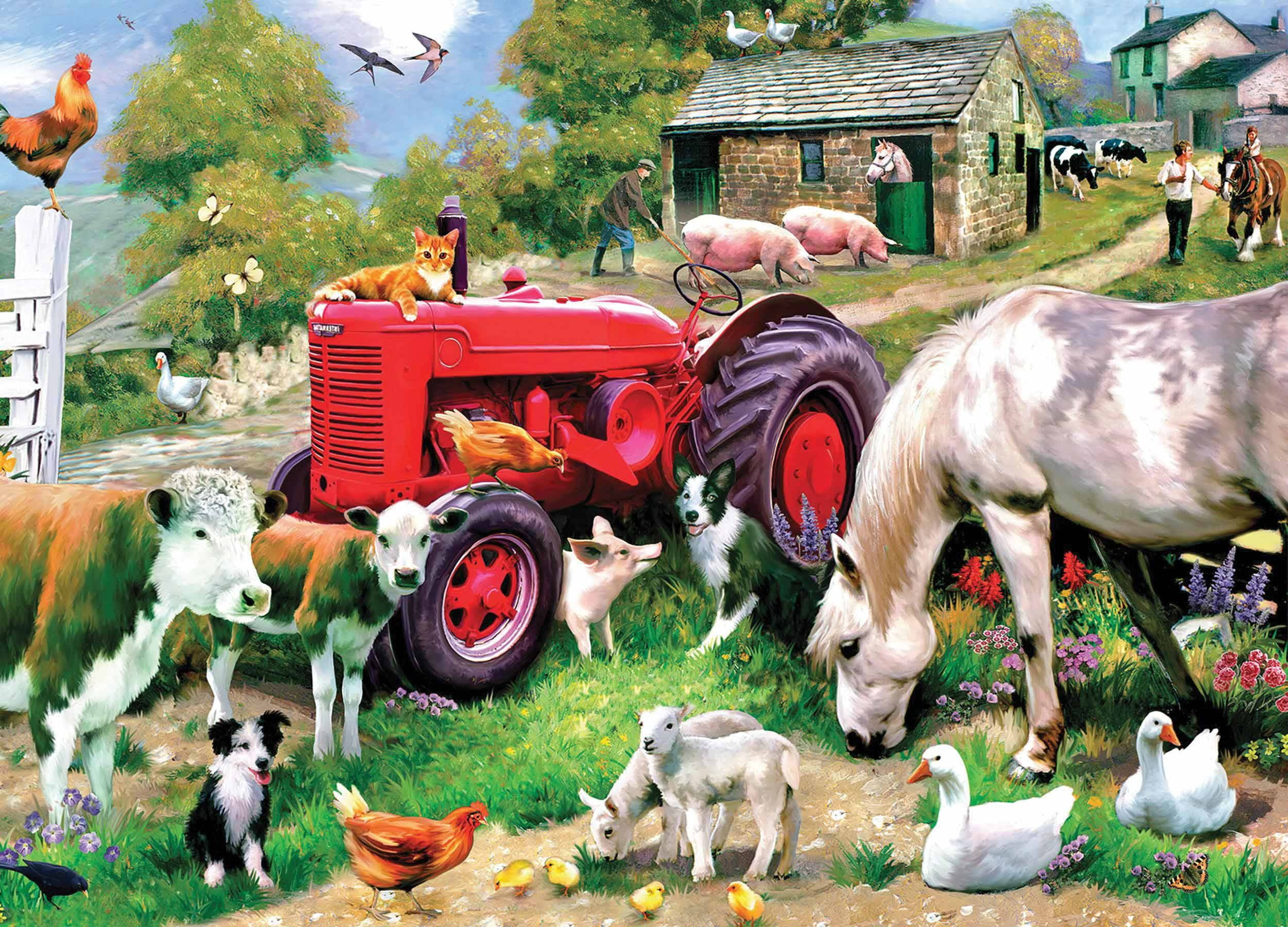 red tractor, cows, sheep, Full HD Desktop Wallpaper
