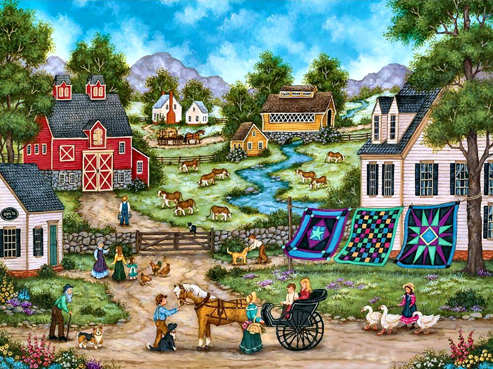 red barns, quilted fabrics, horses, Full HD Desktop Wallpaper