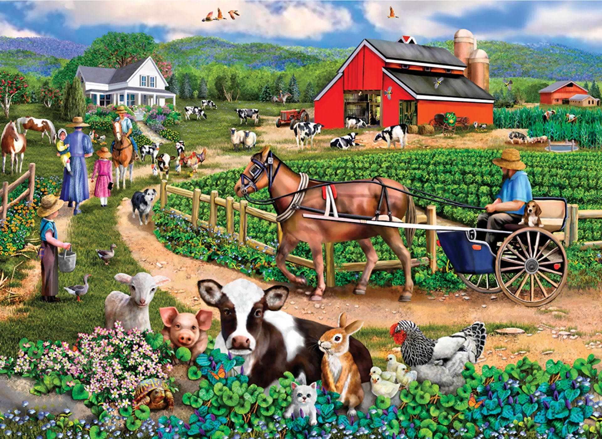 red barn, horse-drawn cart, cows, Full HD Desktop Wallpaper