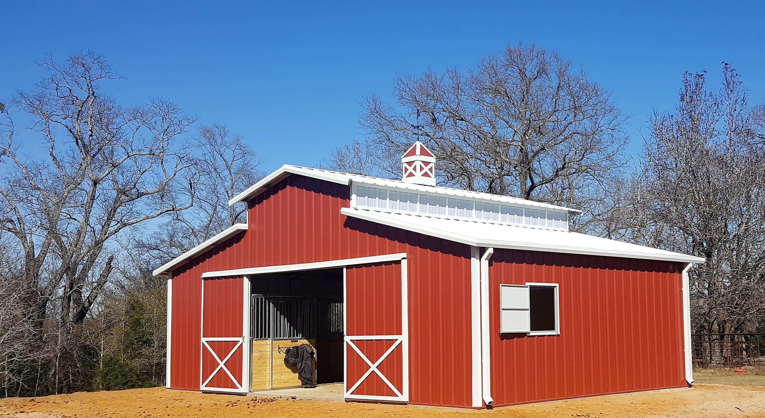 bright red metal barn, white trim, open doors, Full HD Desktop Wallpaper