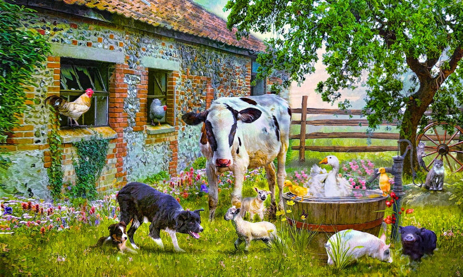 spotted cow, sheep, ducklings, HD Desktop Wallpaper